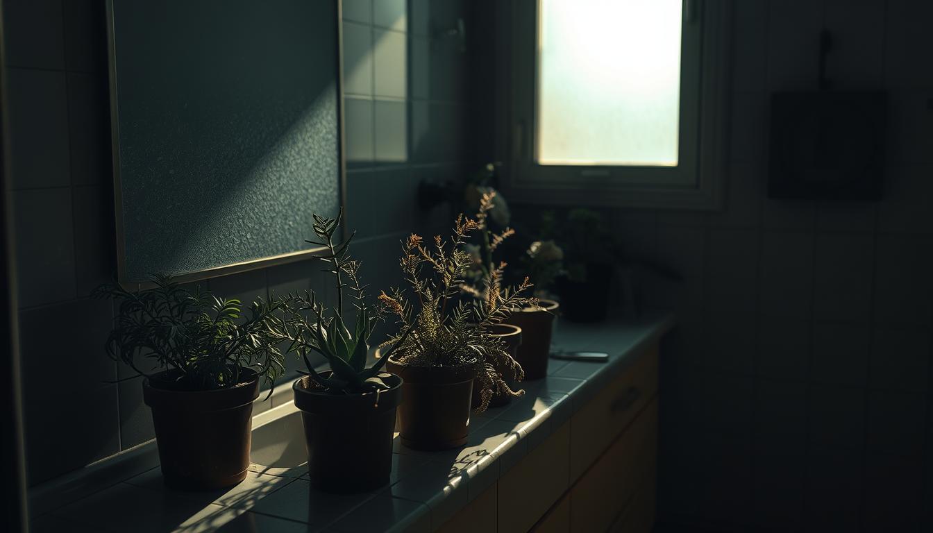 dusty fake plants in bathroom decor