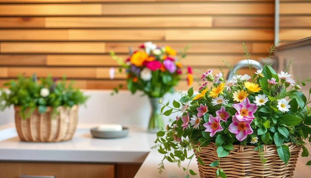 mixing textures in bathroom decor with floral arrangements